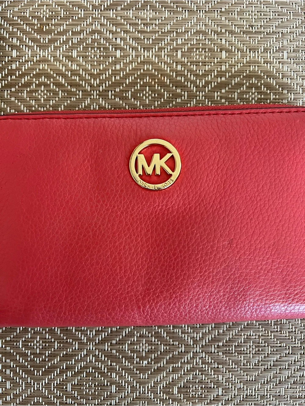 Michael Kors Fulton Pinkish Red Zip Around Leather Phone Case Wristlet Wallet